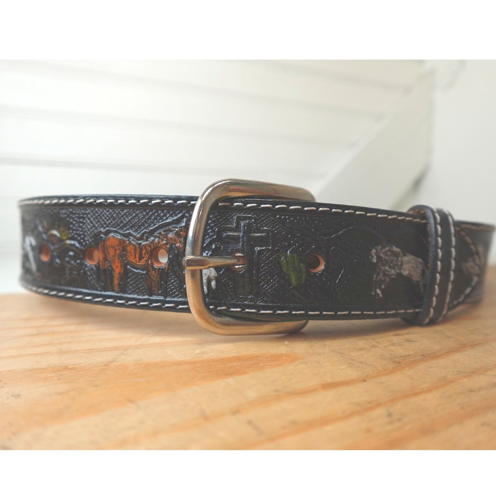 Men's New Black‎ Leather Belt Sz 32 Mexican Painted Embossed Landscape Scene